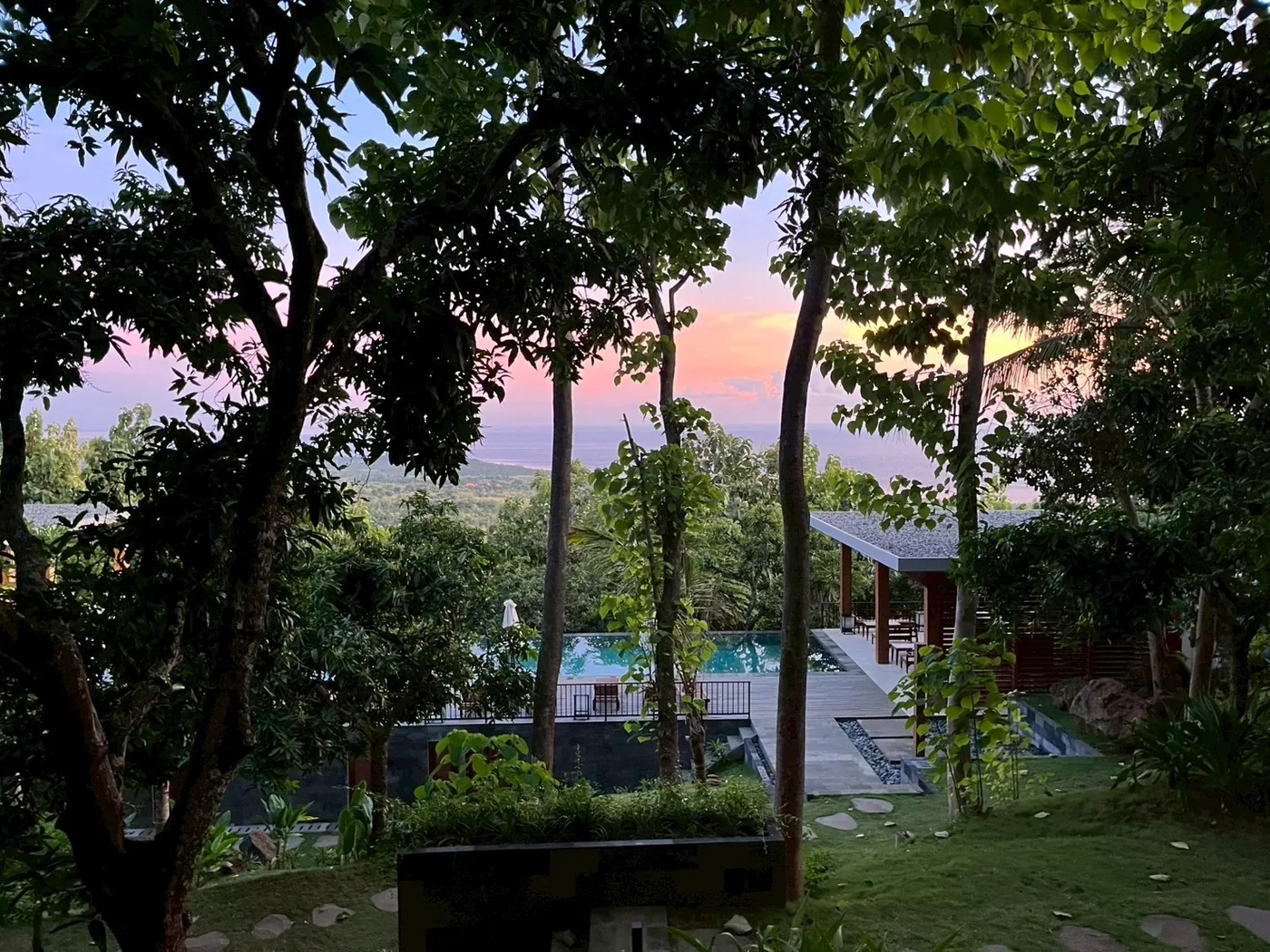 A garden and pool at a nearby resort at dusk
