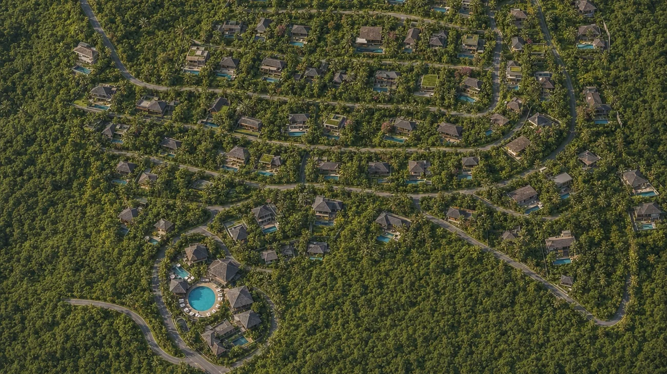 Aerial view of the resort set within the forest