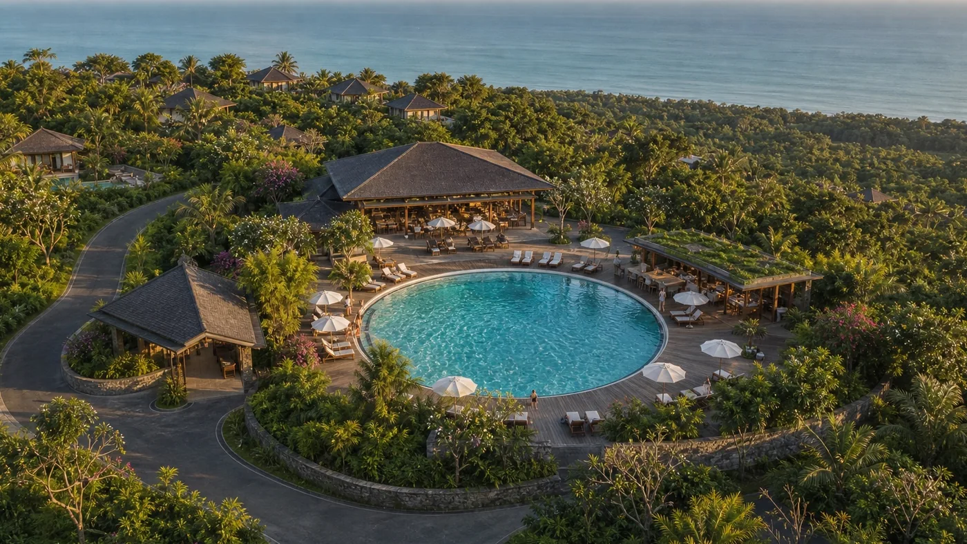 Aerial impression of the resort around the central pool