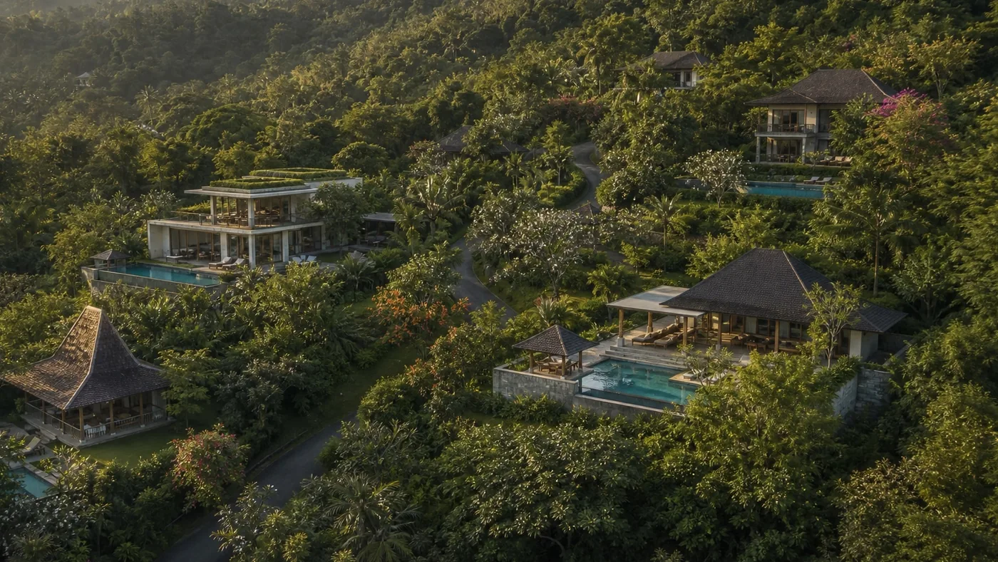 Aerial impression of villas set along the slope