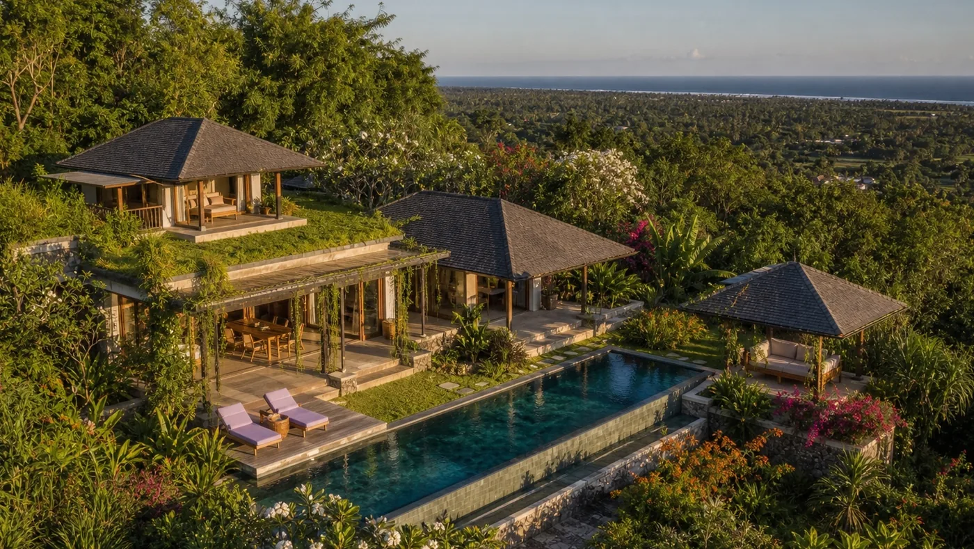 Impression of a villa and infinity pool facing the sea
