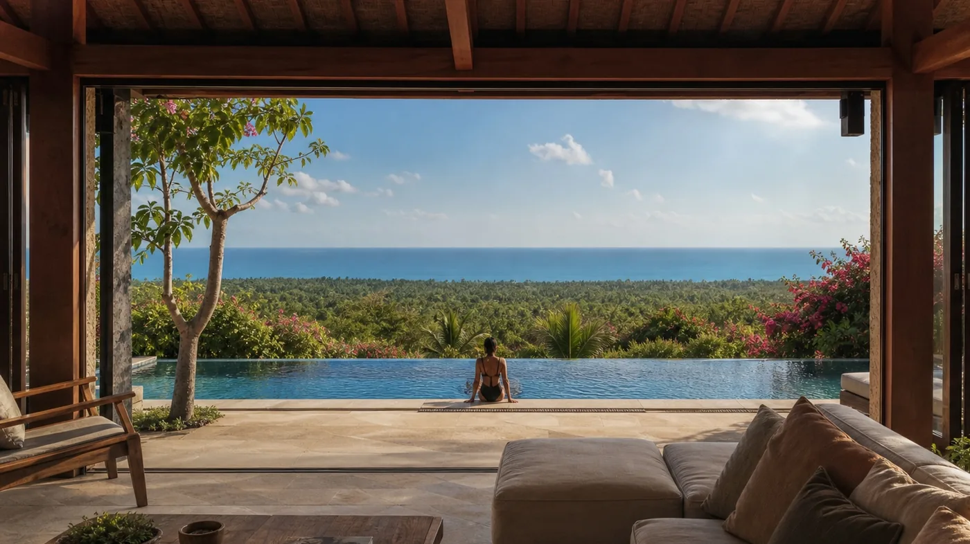 An infinity pool running out toward the horizon, seen from inside