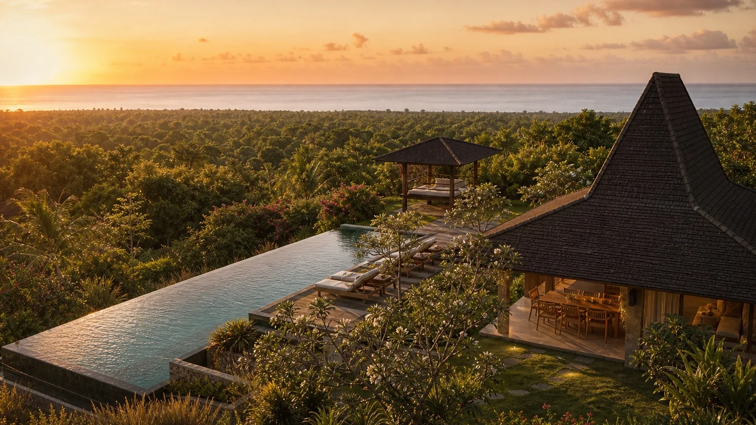 THE HORIZONE — a villa on the hillside with the sun setting over the sea