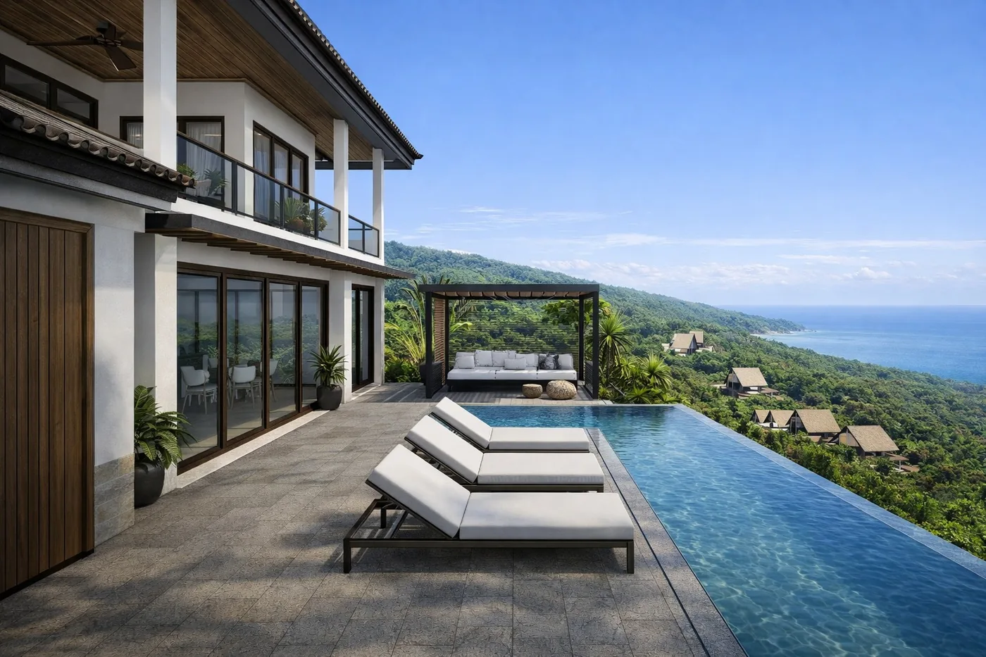 Design impression of a modern villa and infinity pool facing the sea