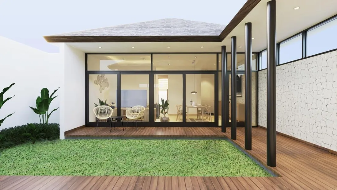 Rendering of the villa exterior seen from the courtyard